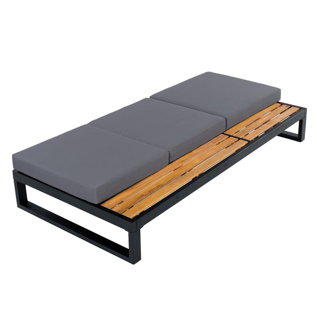 Black Iron & Teak Finish Chaise Lounge Set: 1 Frame + 1 3-Fold Dark Cushion