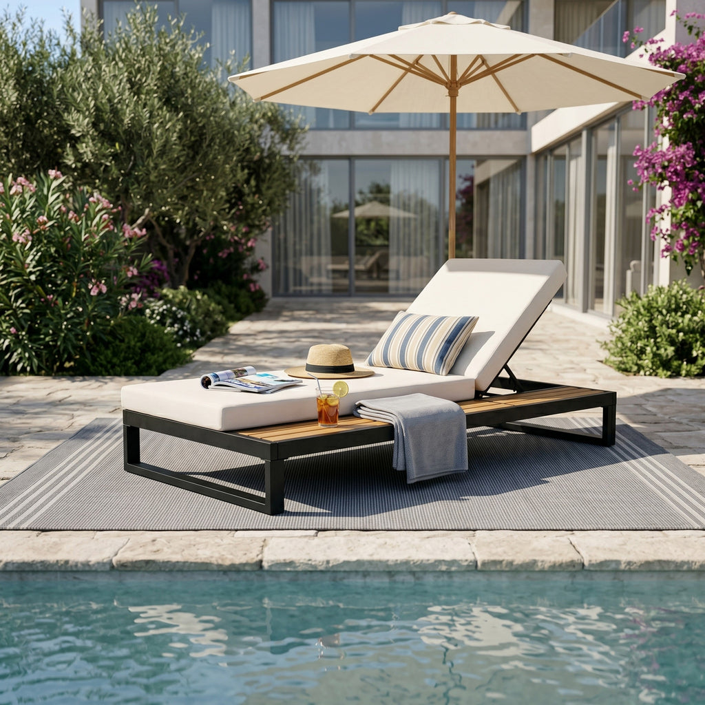 Black Iron & Teak Finish Chaise Lounge Set