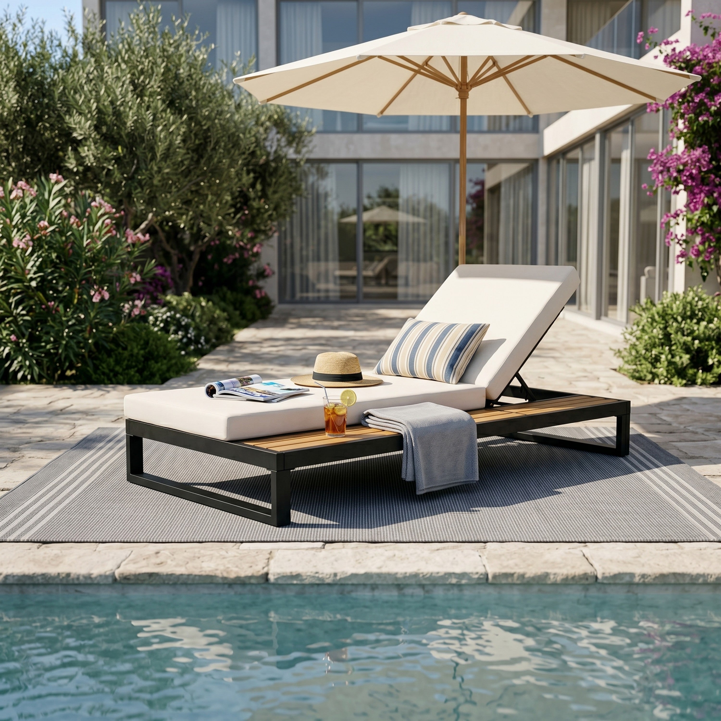 Black Iron & Teak Finish Chaise Lounge Set