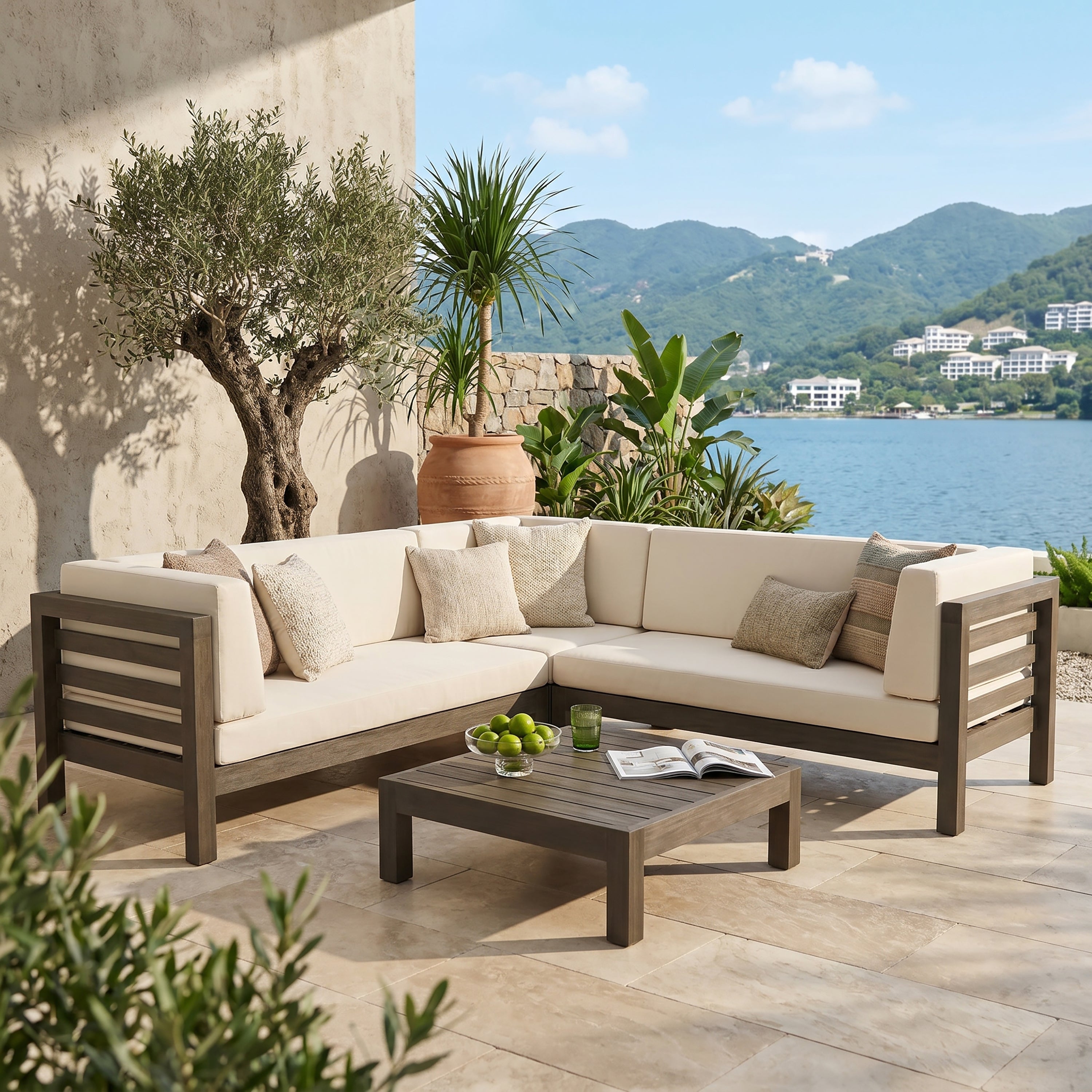 Oana Outdoor Wooden Sectional Set With Cushions