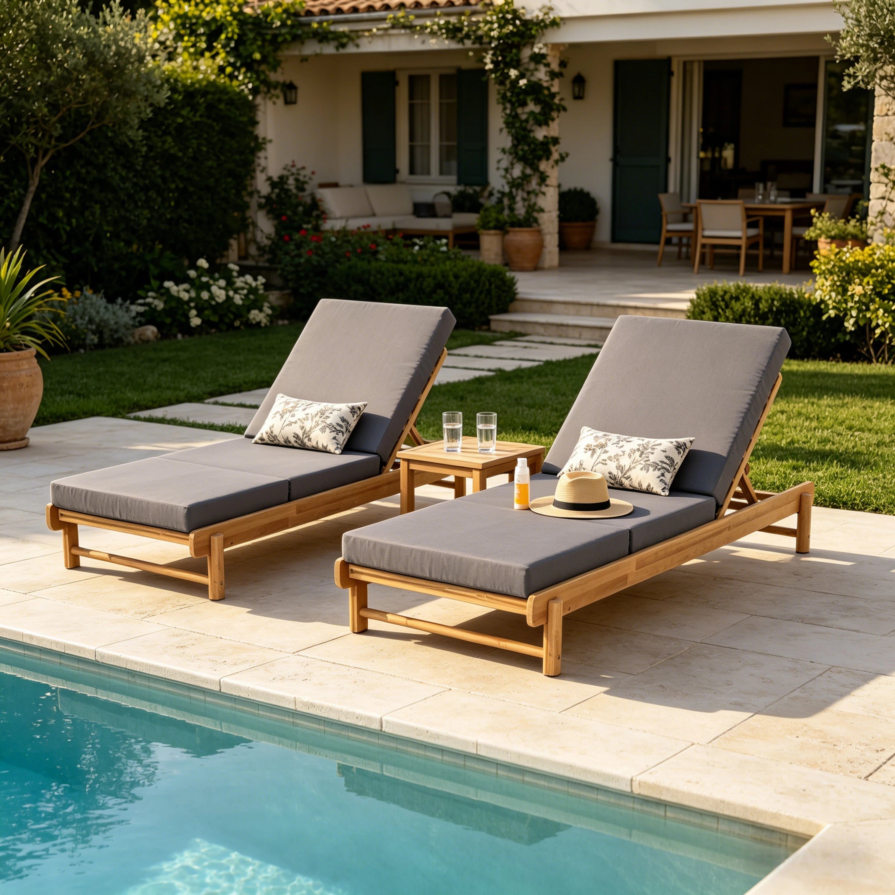 Light Teak Acacia Wood Chaise Lounge Set
