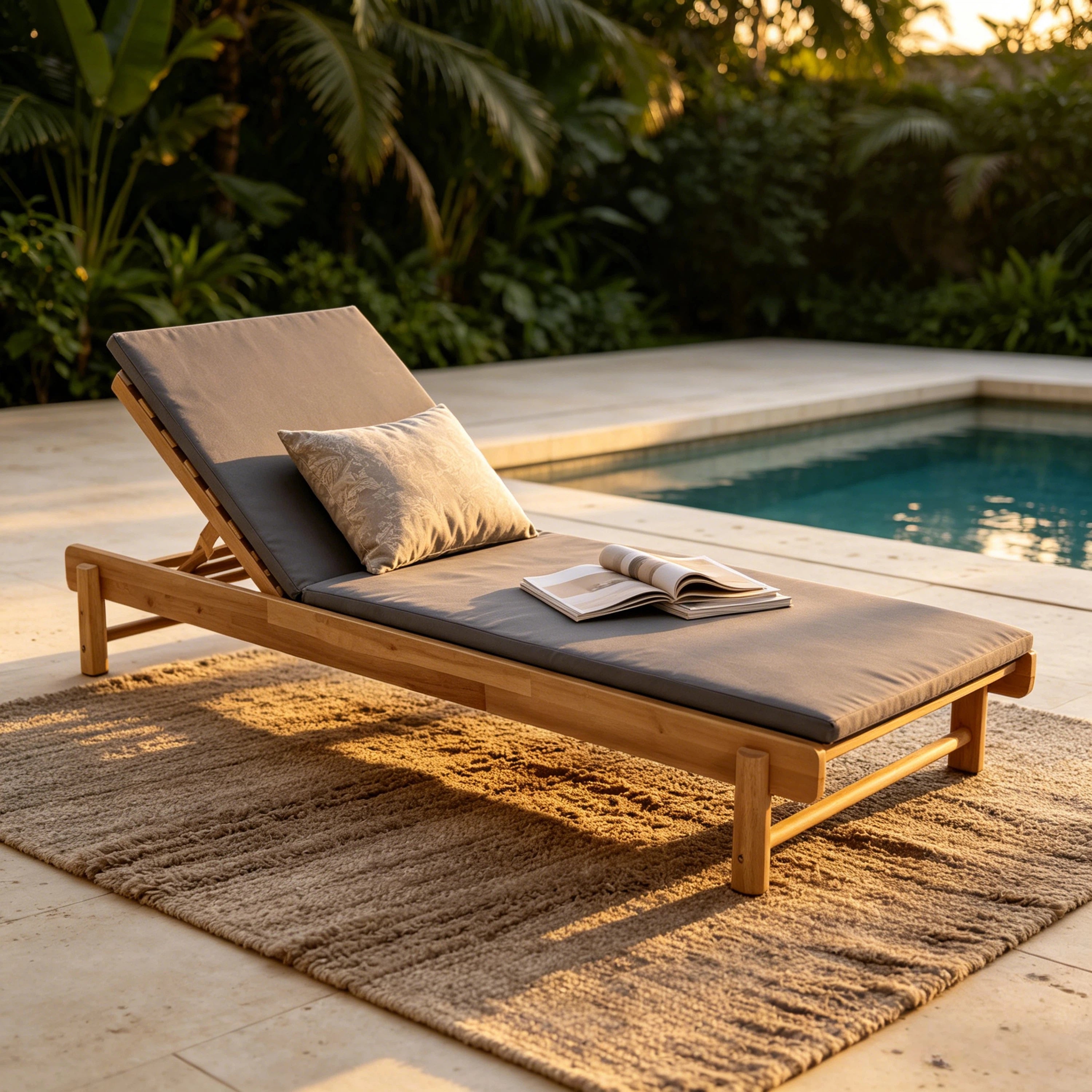 Light Teak Acacia Wood Chaise Lounge Set: 1 Frame + 1 2-Fold Dark