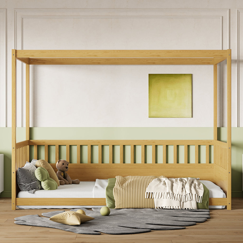 Twin Size Canopy Bed Frame with Guardrails for Kids