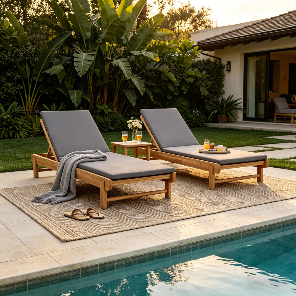 Light Teak Acacia Wood Chaise Lounge Set: 1 Frame + 1 2-Fold Dark