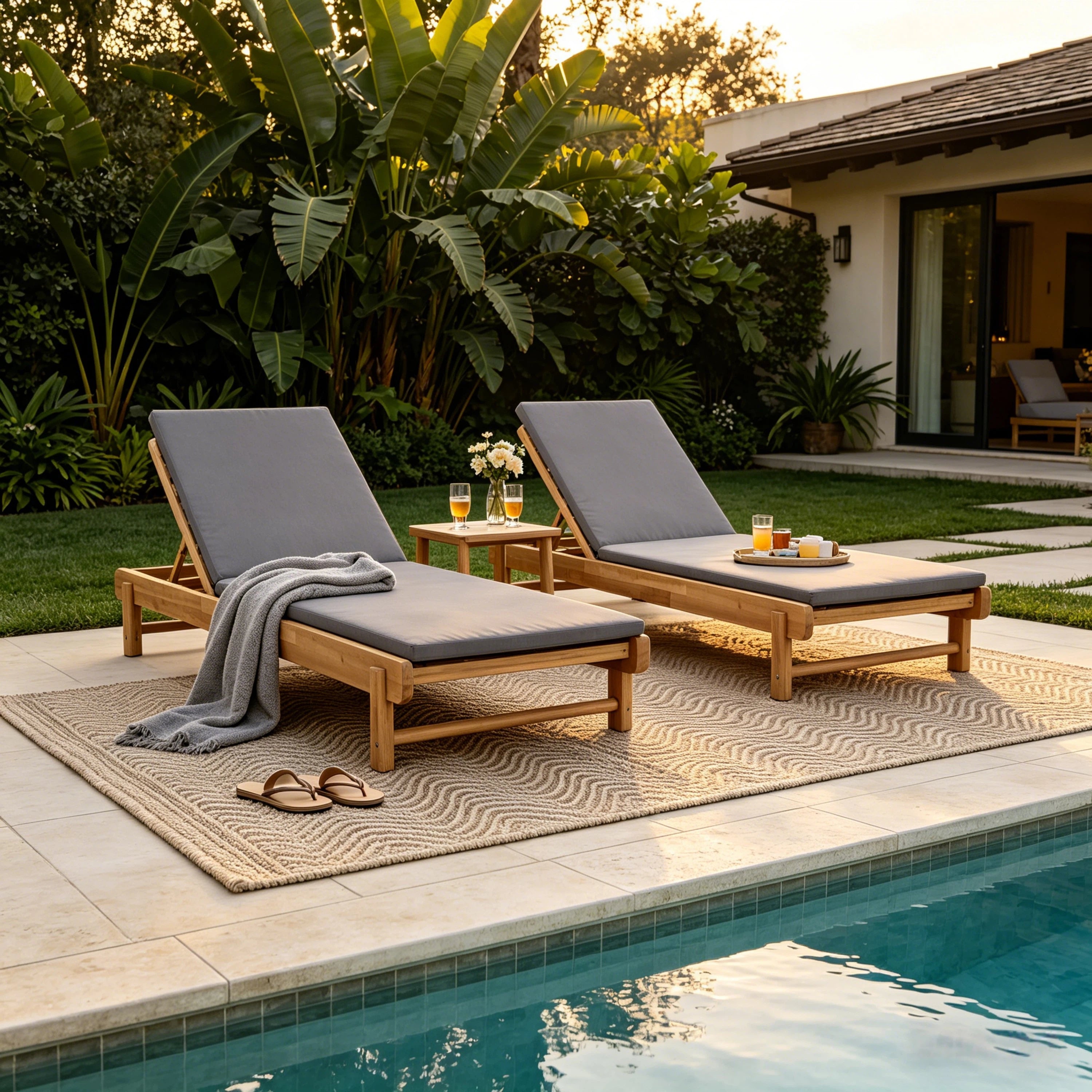Light Teak Acacia Wood Chaise Lounge Set: 1 Frame + 1 2-Fold Dark