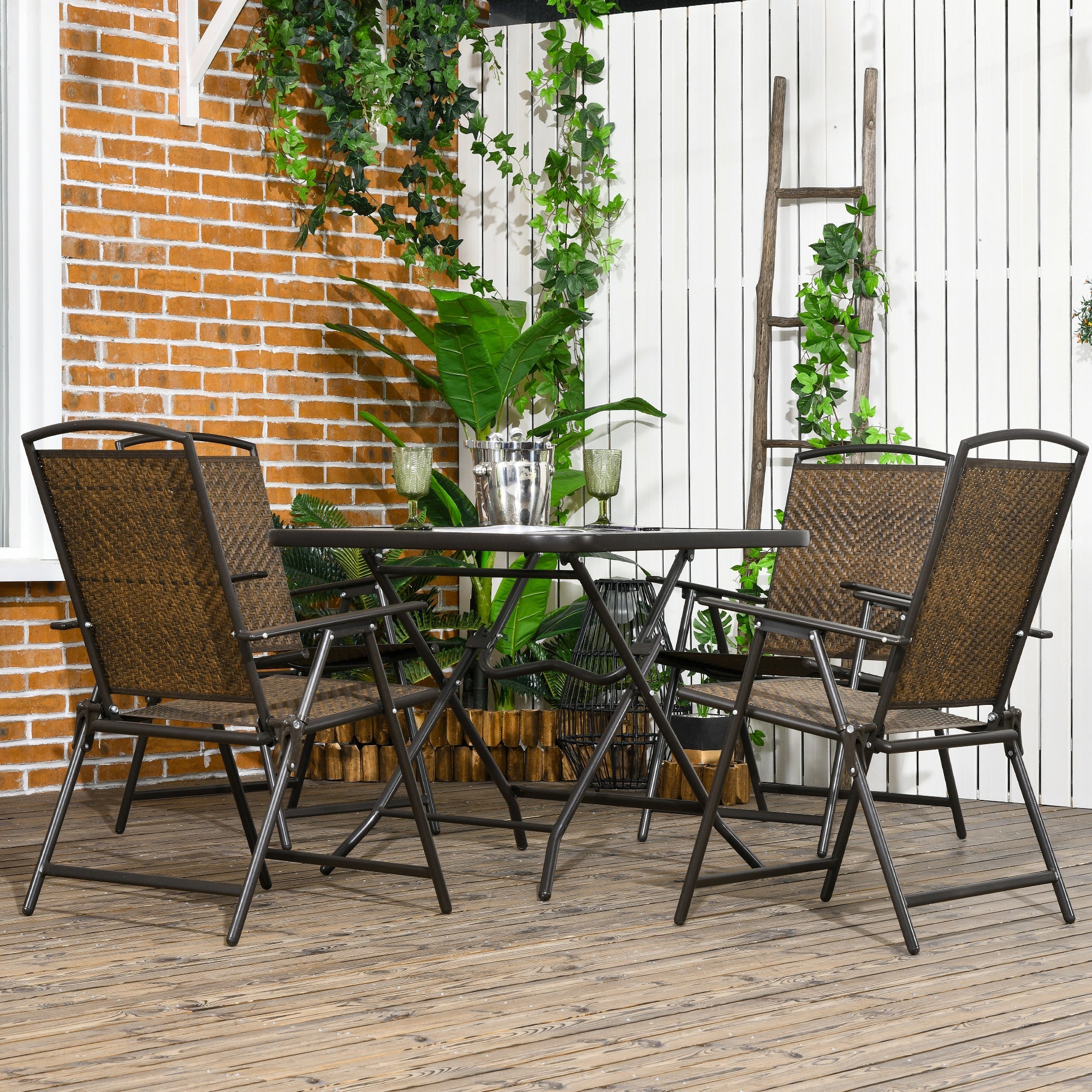 5-Piece Foldable Wicker Patio Dining Set with Umbrella Hole – Dark Brown