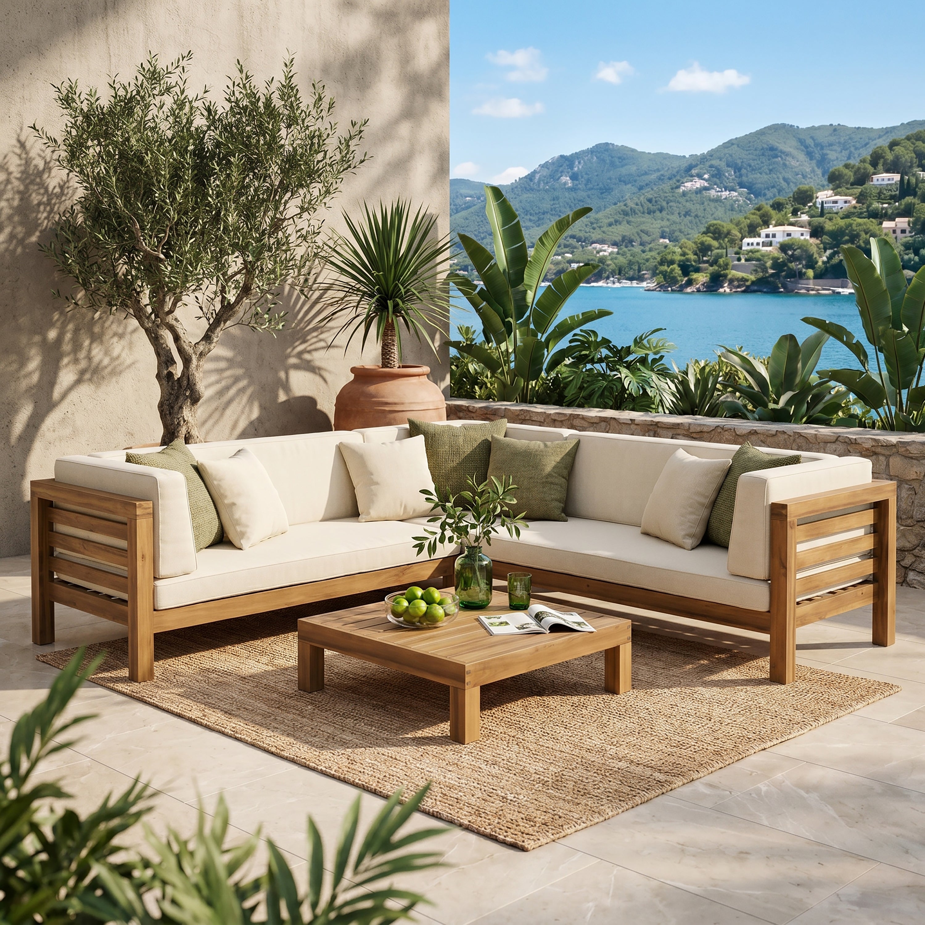 Oana Outdoor Wooden Sectional Set With Cushions