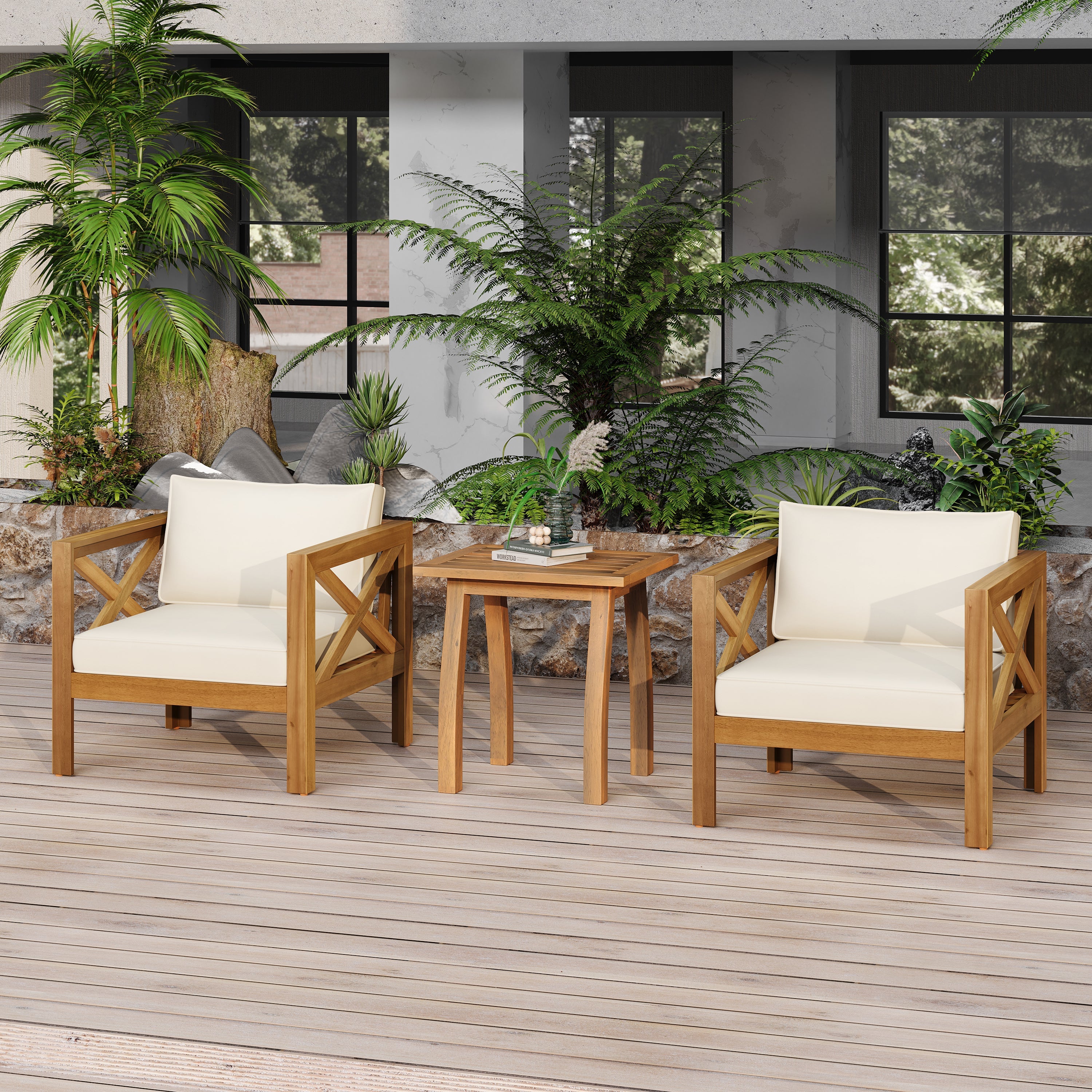 Patio Conversation Set, Outdoor Wood Leisure Seat (Set of 2)