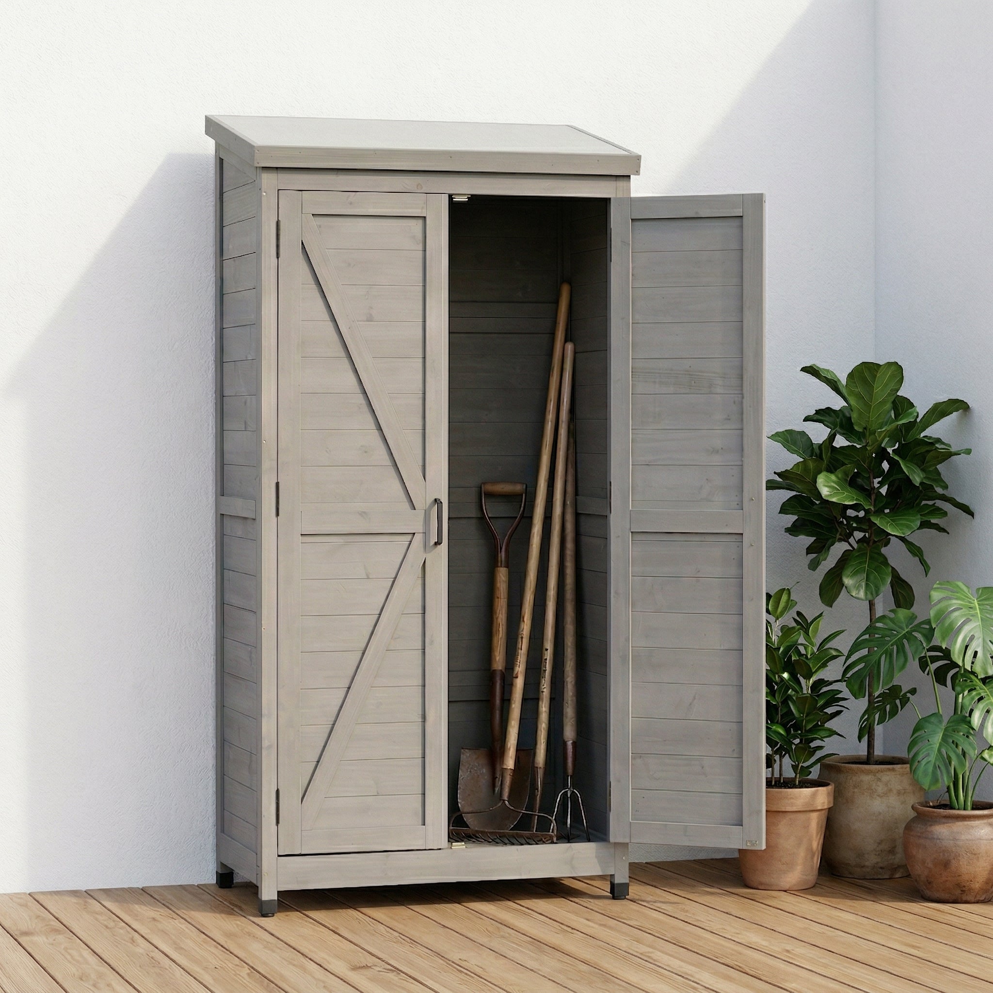 Outdoor Wooden Storage Shed with Metal Top Tall Vertical Tool Cabinet